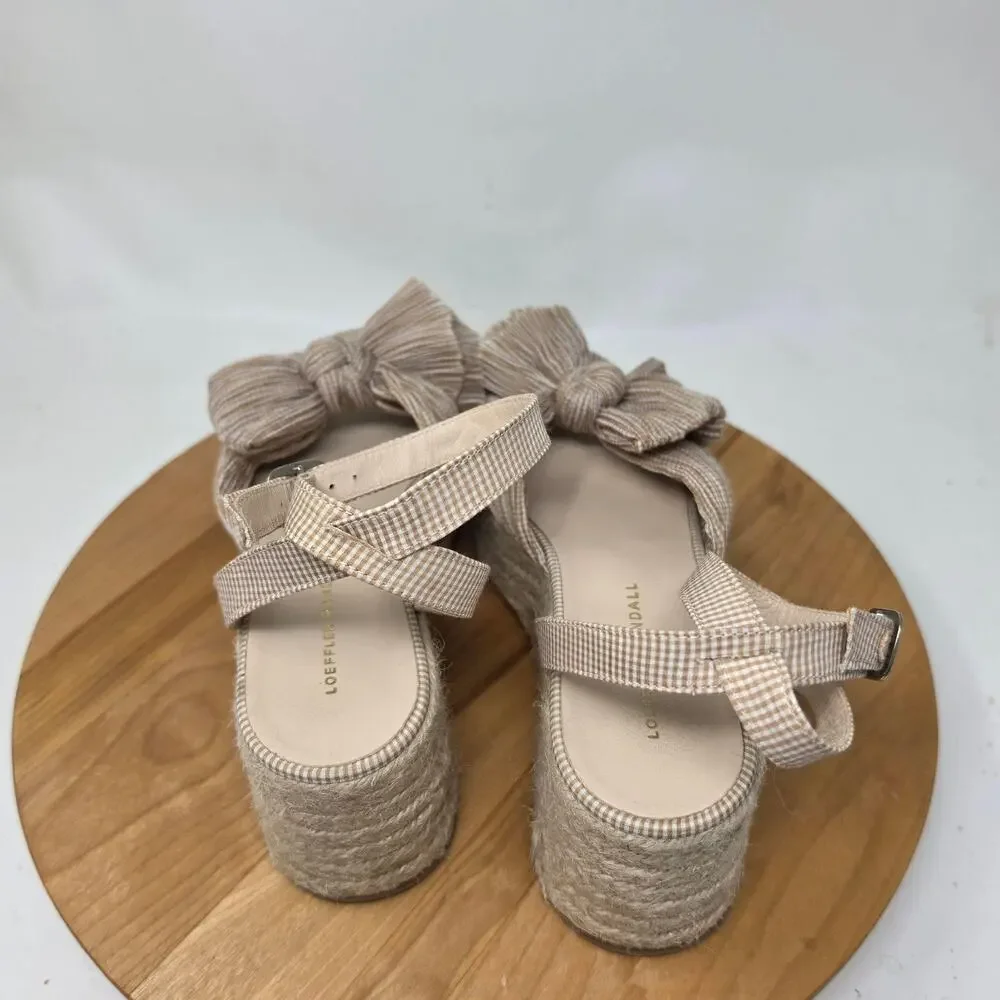 Loeffler Randall Shoes 7.5 Posey Espadrille Gingham Pleated Wedge Bow Jute Chic